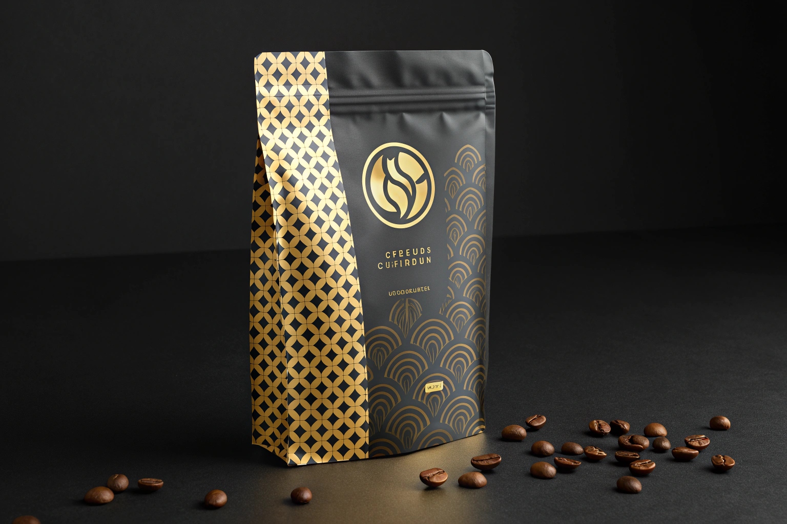 Luxury black coffee bag with gold patterns and scattered coffee beans.