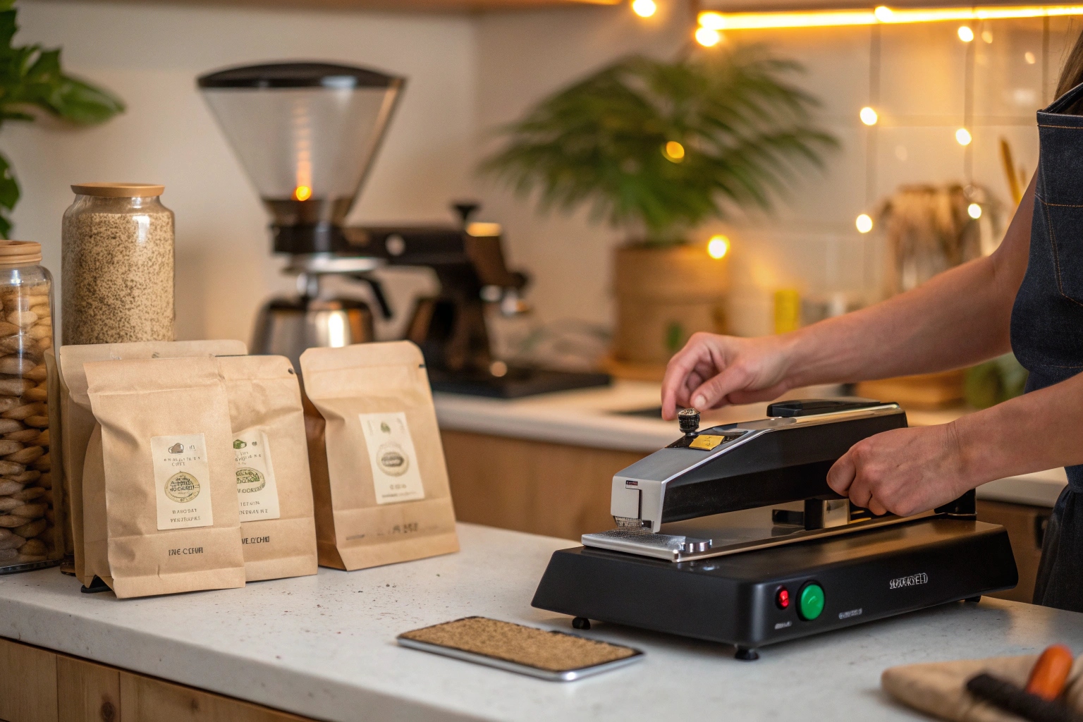 Person sealing kraft paper coffee bags in cozy kitchen with heat sealer
