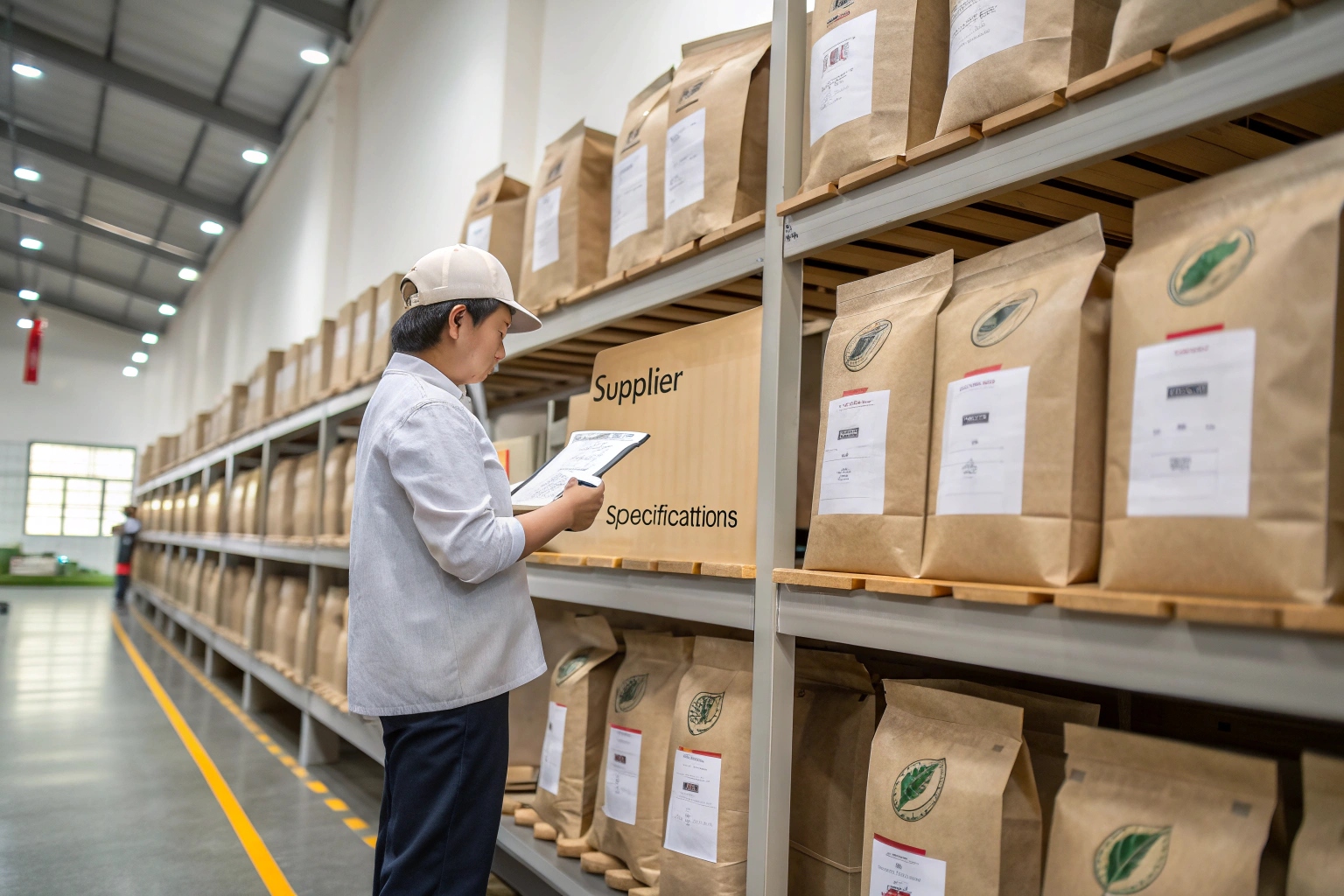 Worker inspecting kraft paper coffee packaging bags with labels on warehouse shelves for quality control.