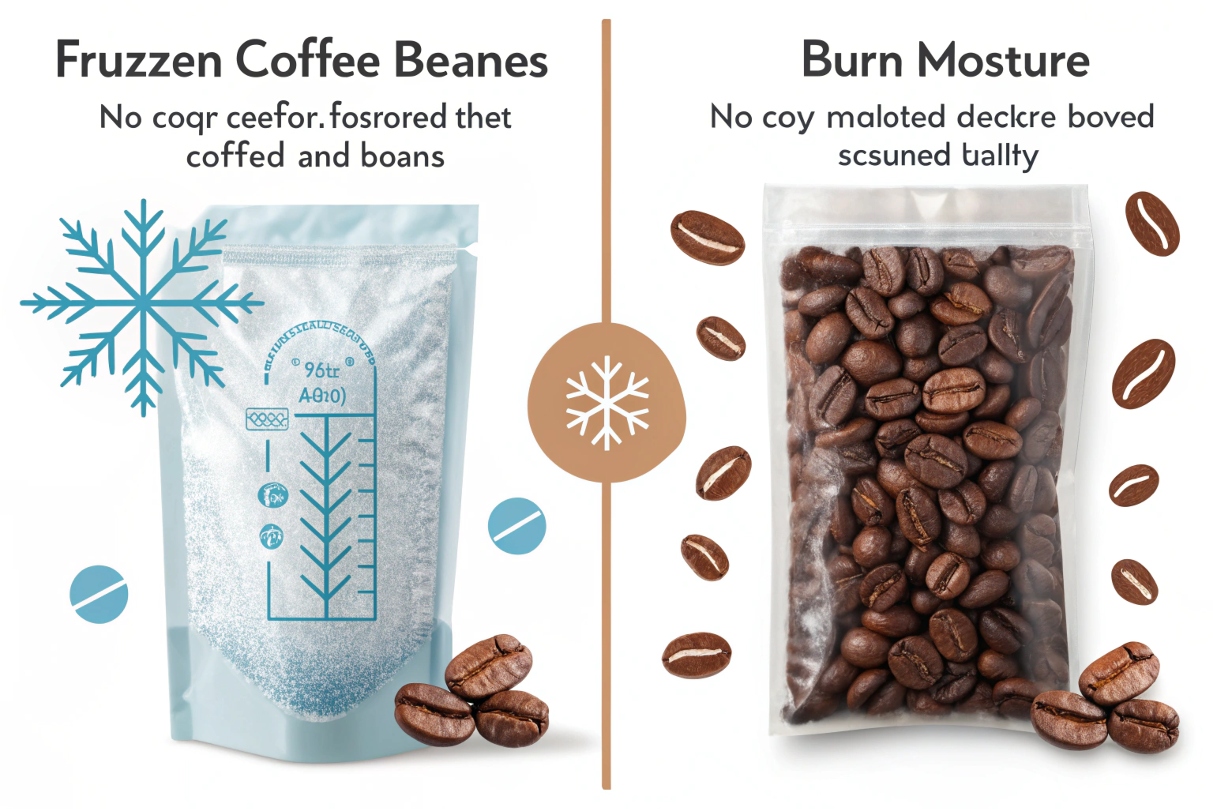 Comparison of frozen coffee beans in icy pouch versus fresh beans in regular pouch with moisture concern.