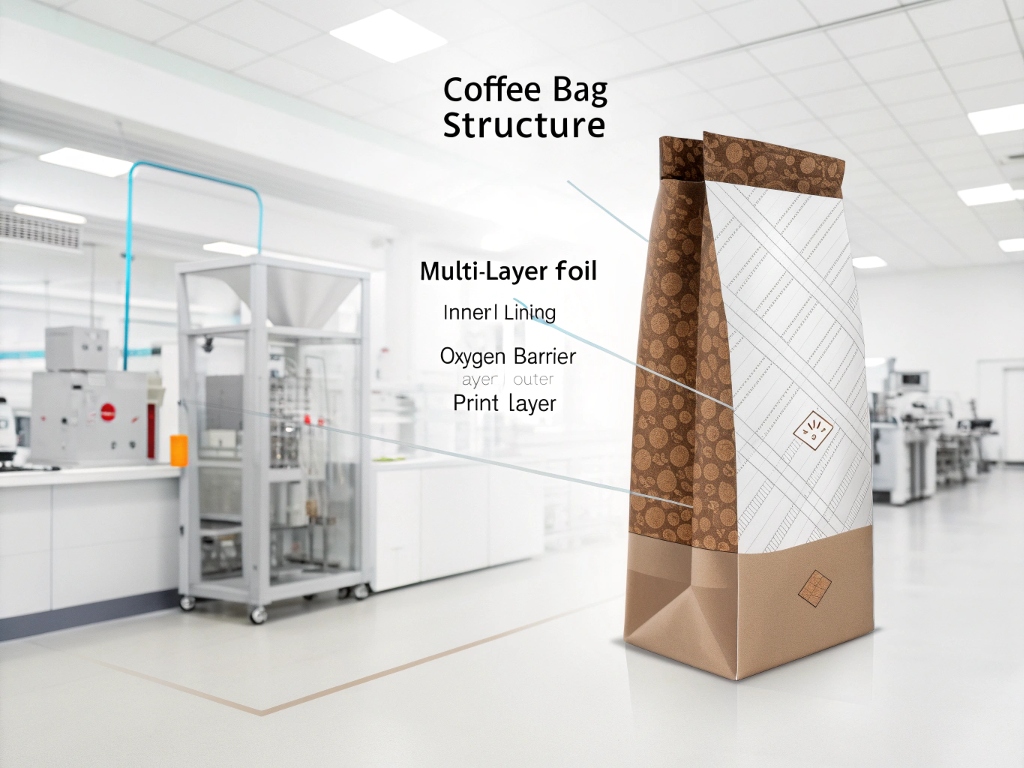 Laminated coffee bag structure with labeled layers in clean manufacturing lab.