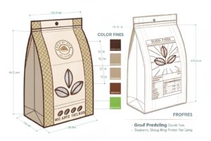 Flat-bottom coffee pouch mockup with side gussets, earthy color palette, leaf illustrations, and detailed measurements.
