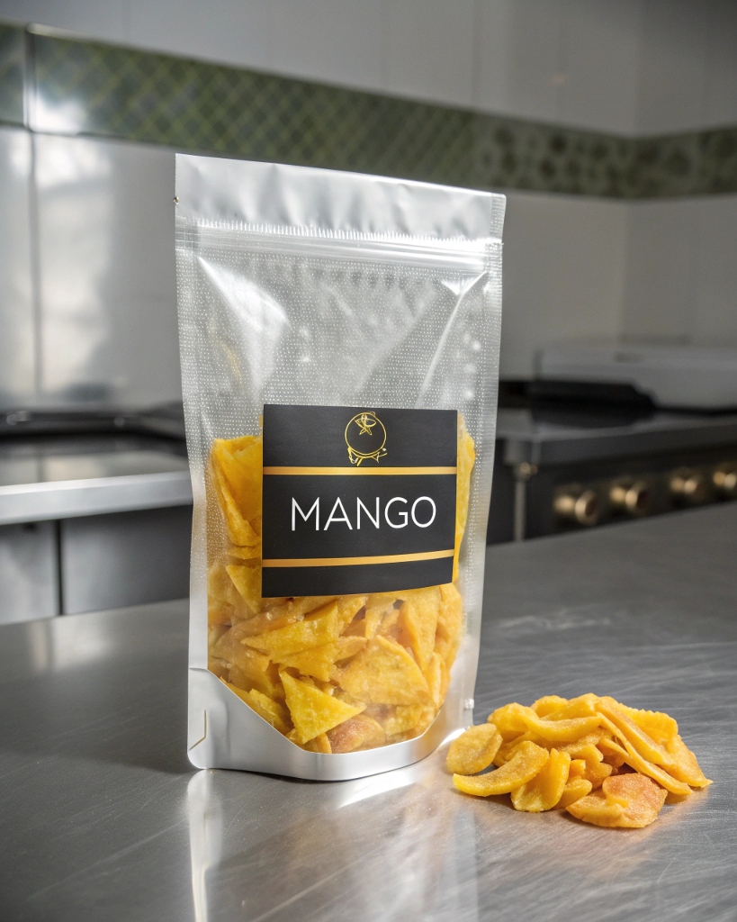 Transparent stand-up pouch labeled 