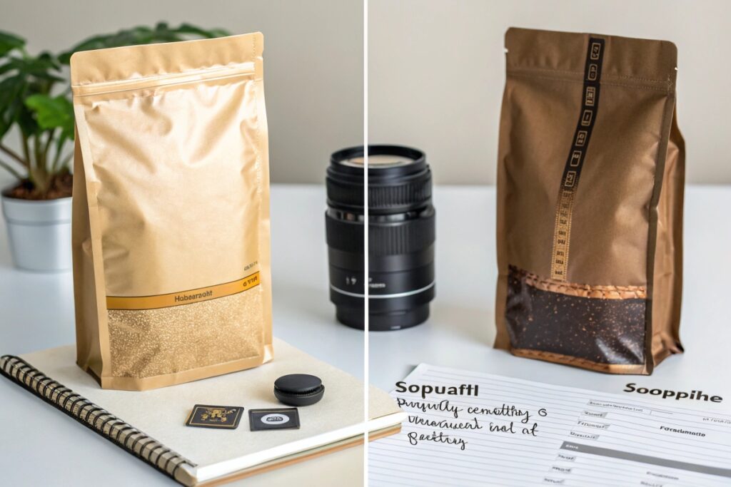 Two stand-up pouches in kraft material, one filled with grains and the other with coffee, displayed on a desk.