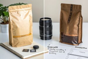 Two stand-up pouches in kraft material, one filled with grains and the other with coffee, displayed on a desk.