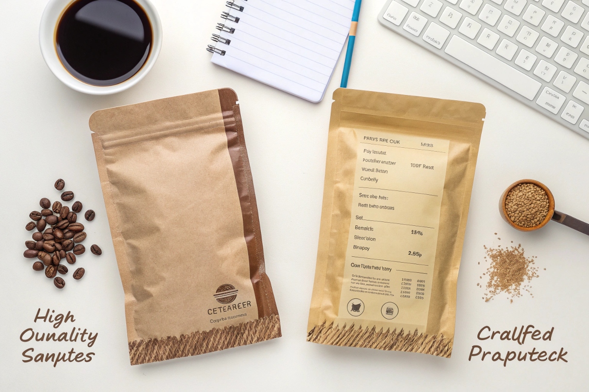 Two kraft stand-up pouches with resealable tops, surrounded by coffee beans, cup of coffee, and grains.