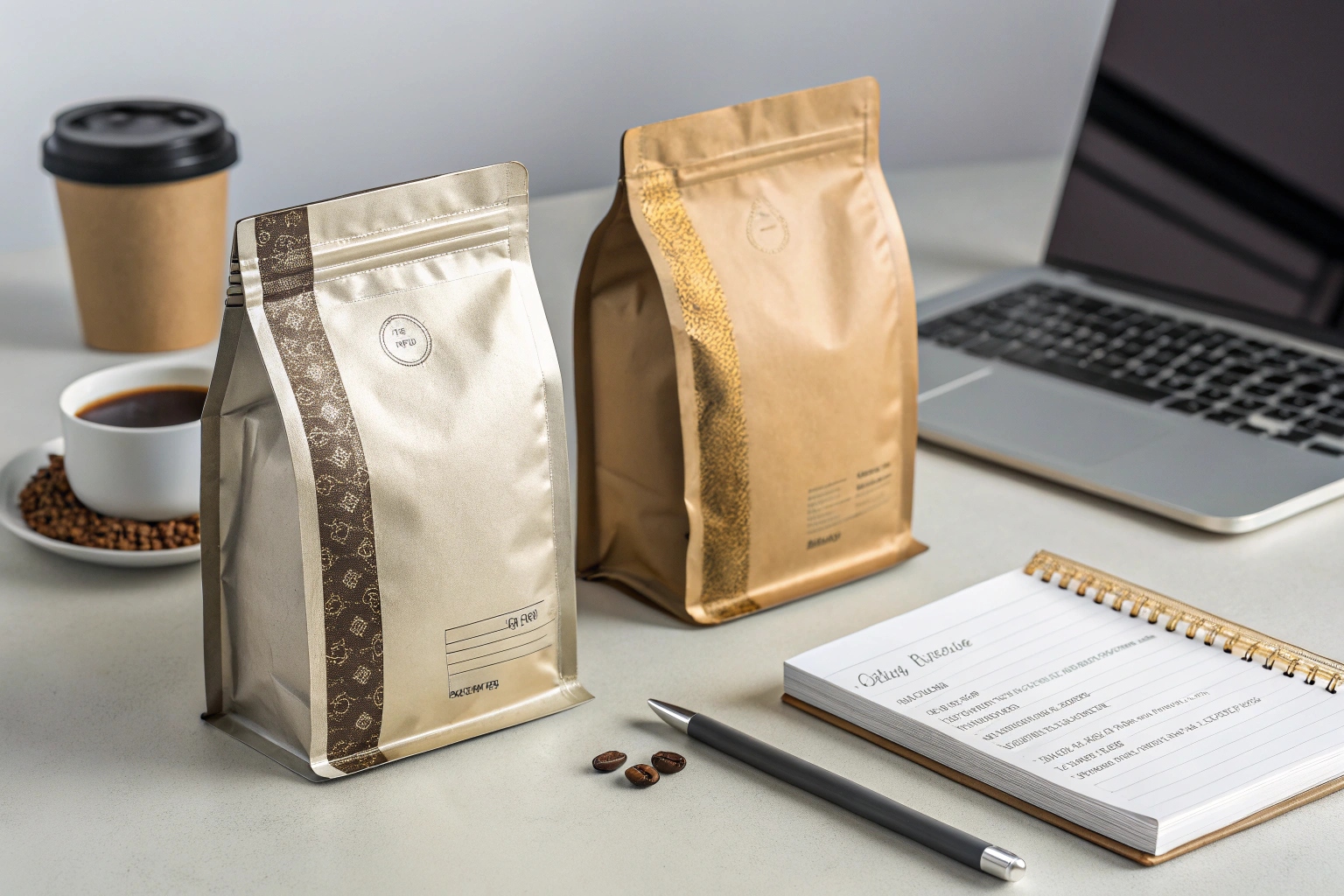 Two coffee packaging pouches in metallic and kraft finishes displayed on desk with laptop, notebook, and coffee cup.