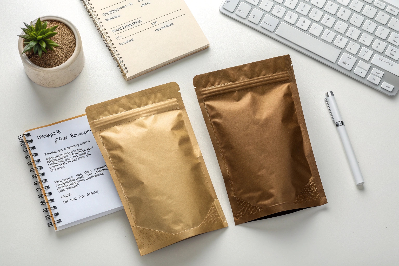 Two resealable kraft stand-up pouches placed on a desk with notebooks, pen, keyboard, and small plant.