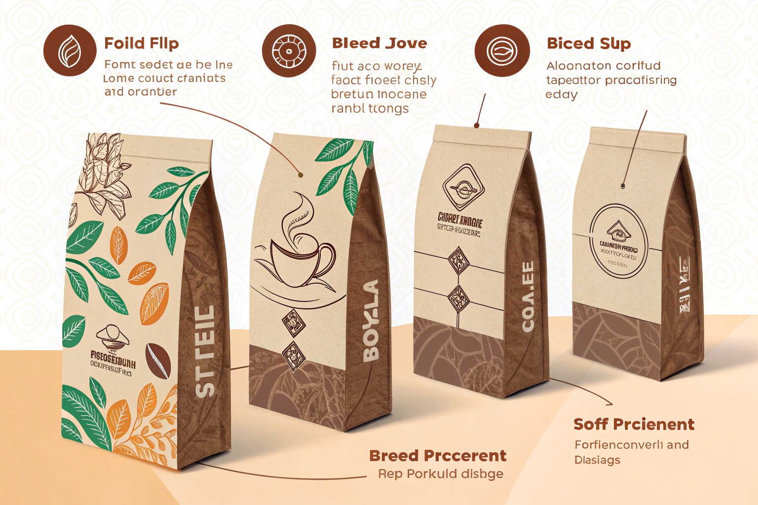 Four kraft paper coffee pouch mockups with side gussets, resealable tops, and colorful leaf or coffee-themed prints.