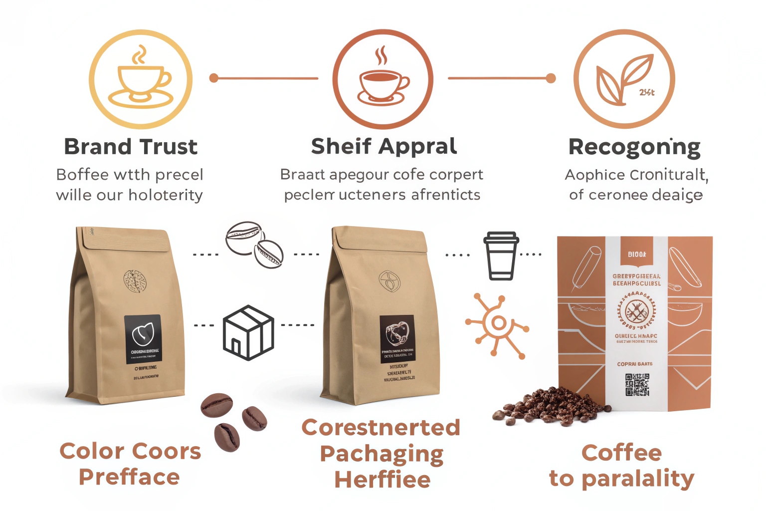 Infographic of coffee packaging benefits showing kraft pouches and retail box with icons for trust, appeal, and recognition.
