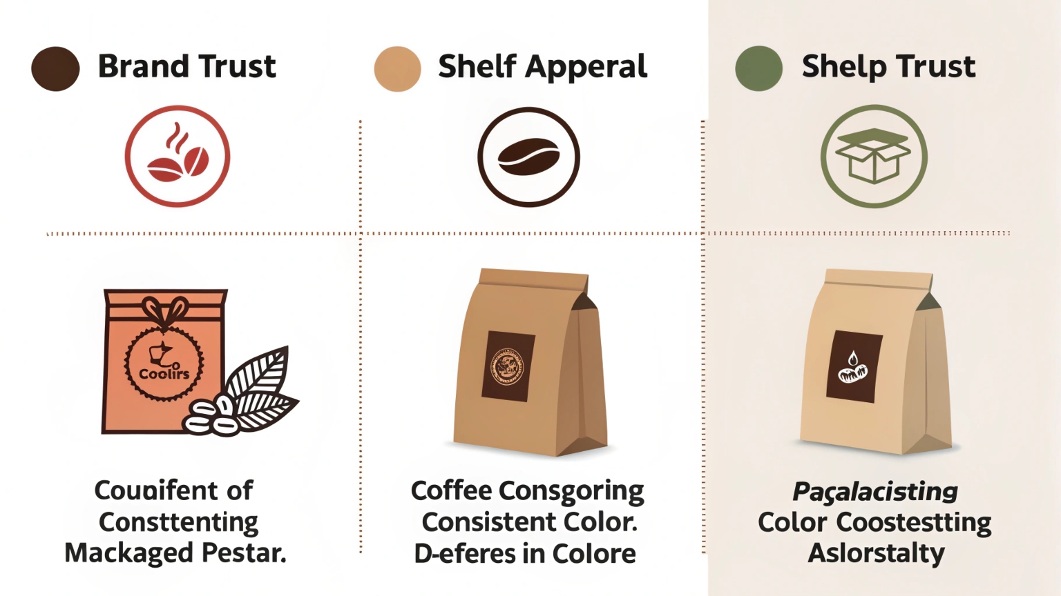Infographic showing coffee packaging benefits: brand trust, shelf appeal, and supply trust with illustrated pouches.