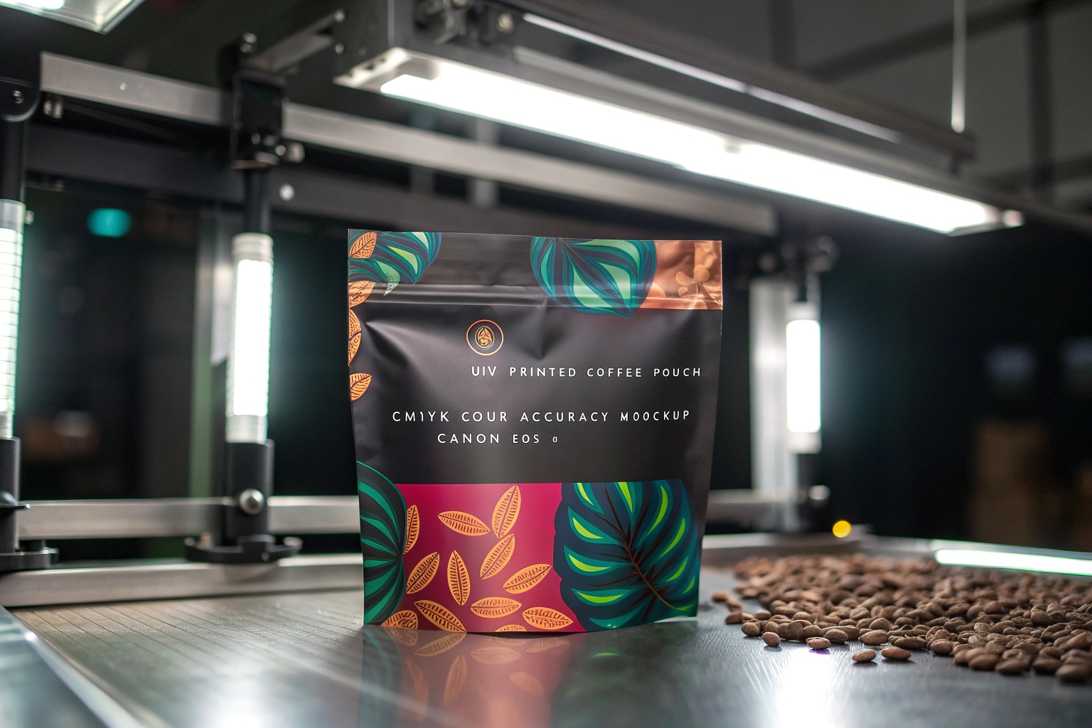 Colorful coffee pouch with leaf design on production line under LED lighting.