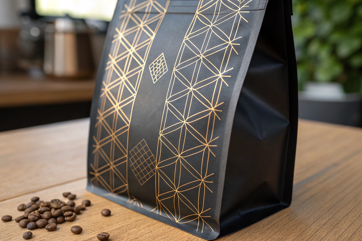 Black coffee bag with elegant gold geometric pattern and scattered beans.