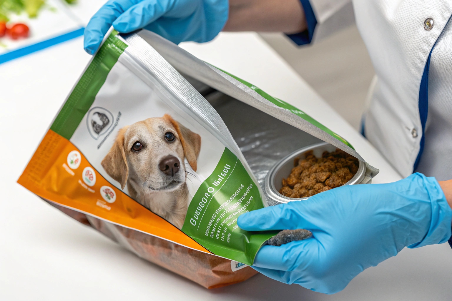 Hands in blue gloves opening resealable pet food pouch with dog image and food bowl inside.
