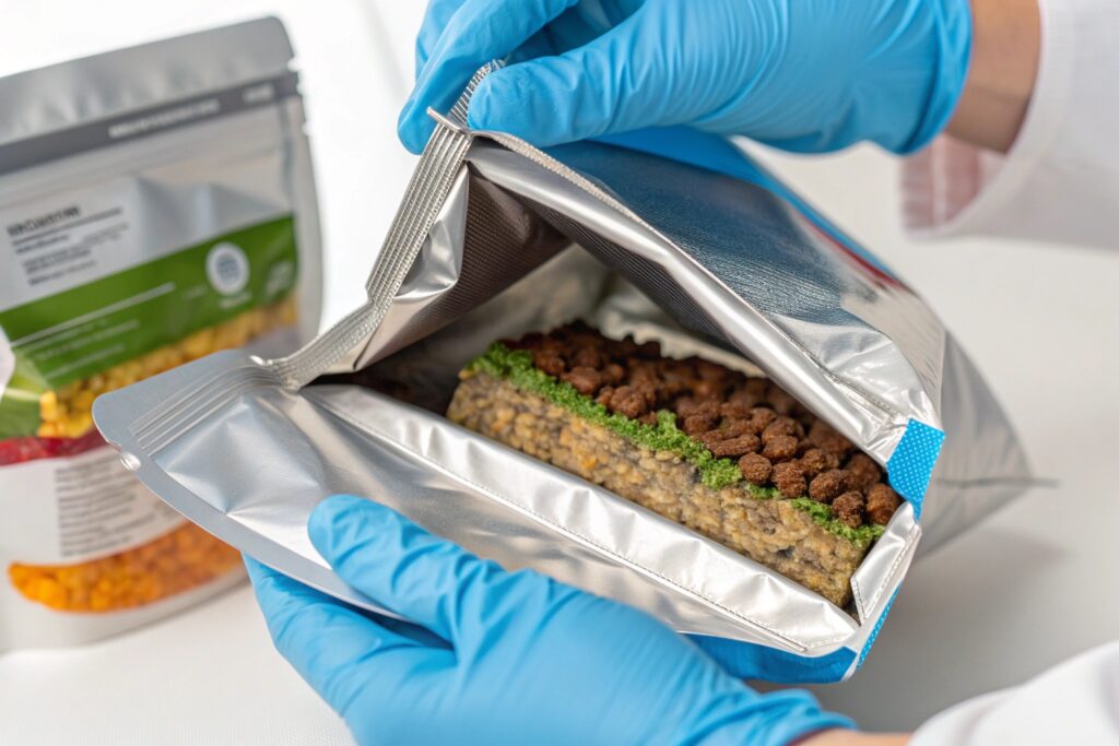 Gloved hands opening silver resealable pouch containing layered food bar with kibble topping.