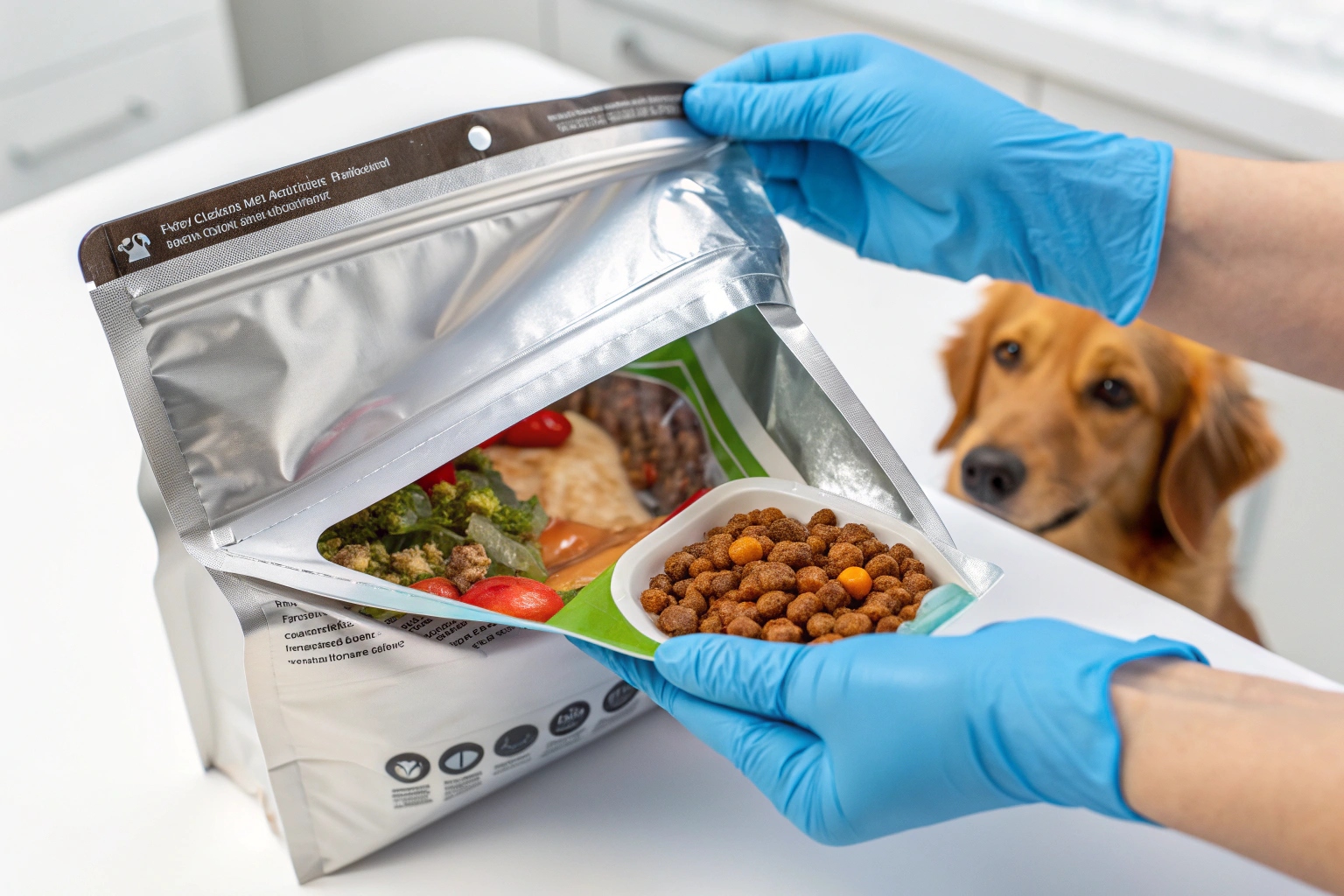 Gloved hands scooping dry dog food from metallic pouch with eager dog watching nearby.