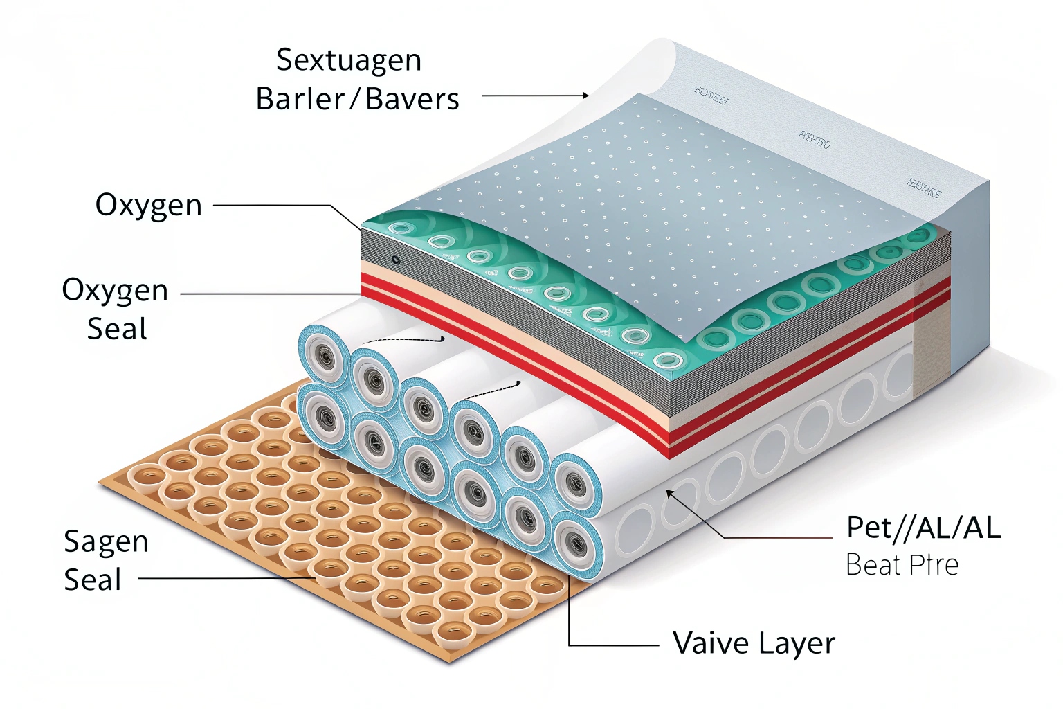 Illustrated cross-section of multi-layer coffee packaging material showing oxygen barriers, seals, and valve layer.