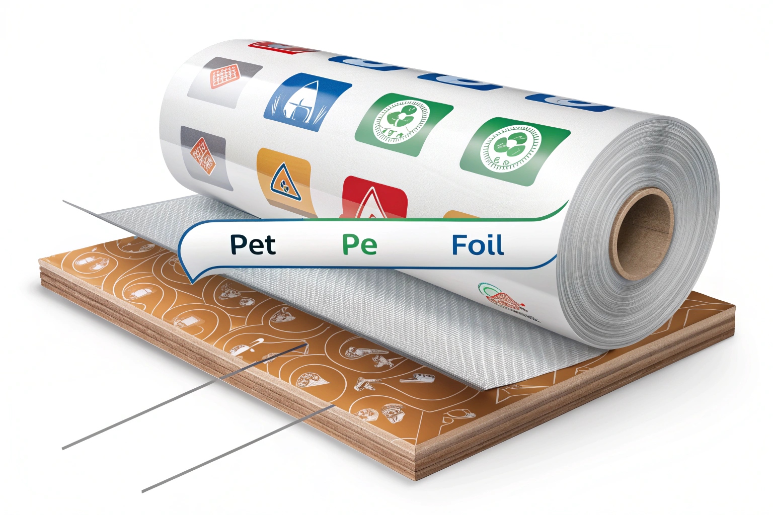 Laminated packaging roll showing layered structure with labeled materials: PET, PE, and foil.