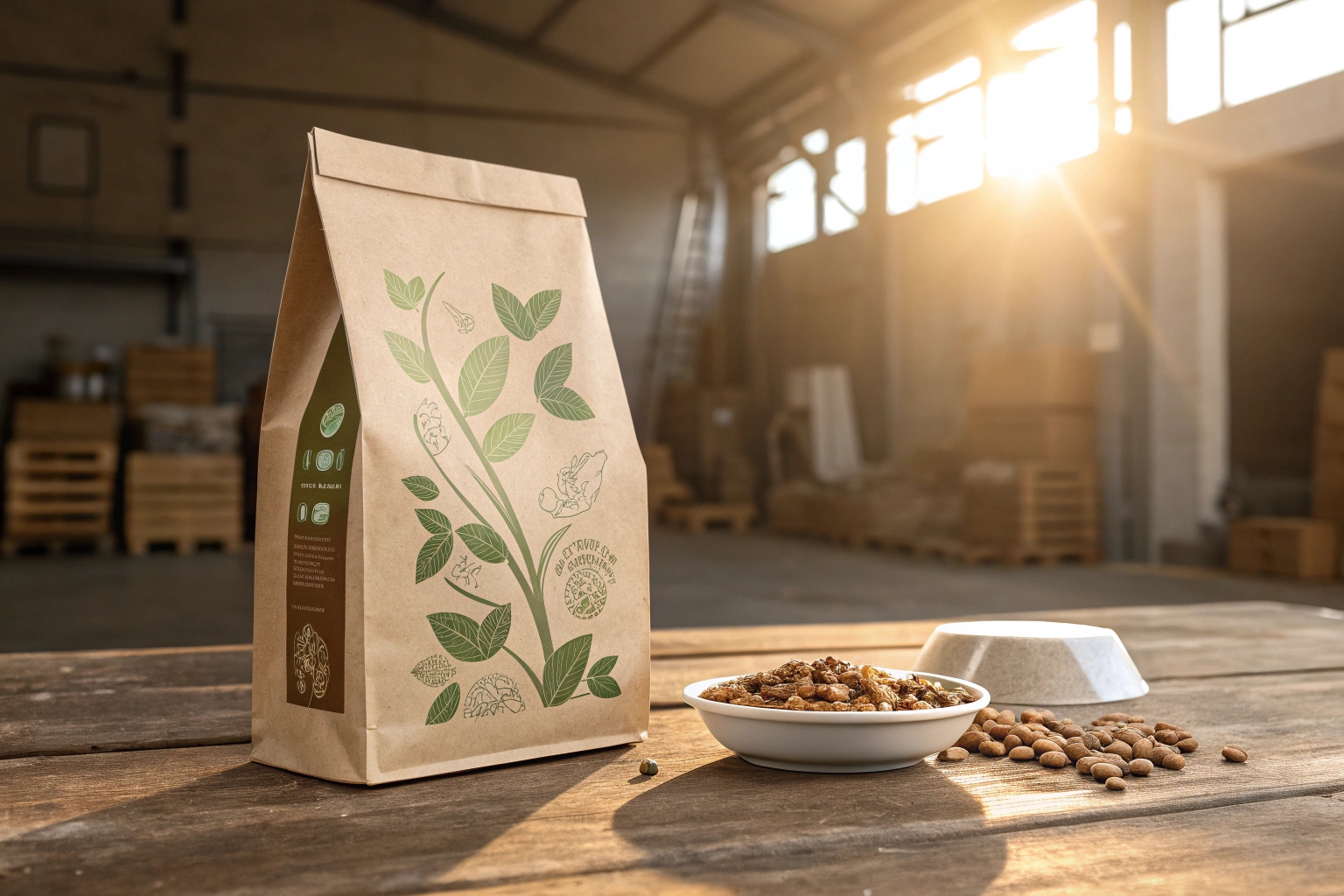 Kraft paper pouch with green botanical design next to a bowl of nuts on wooden table in warehouse.