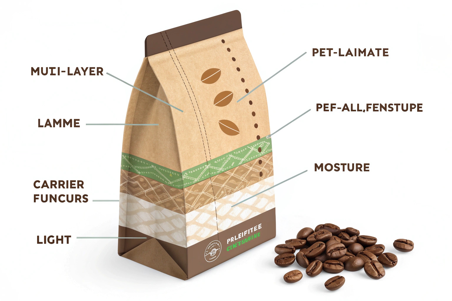 Illustration of kraft coffee pouch with labeled multi-layer structure and coffee beans beside it, showing barrier materials.