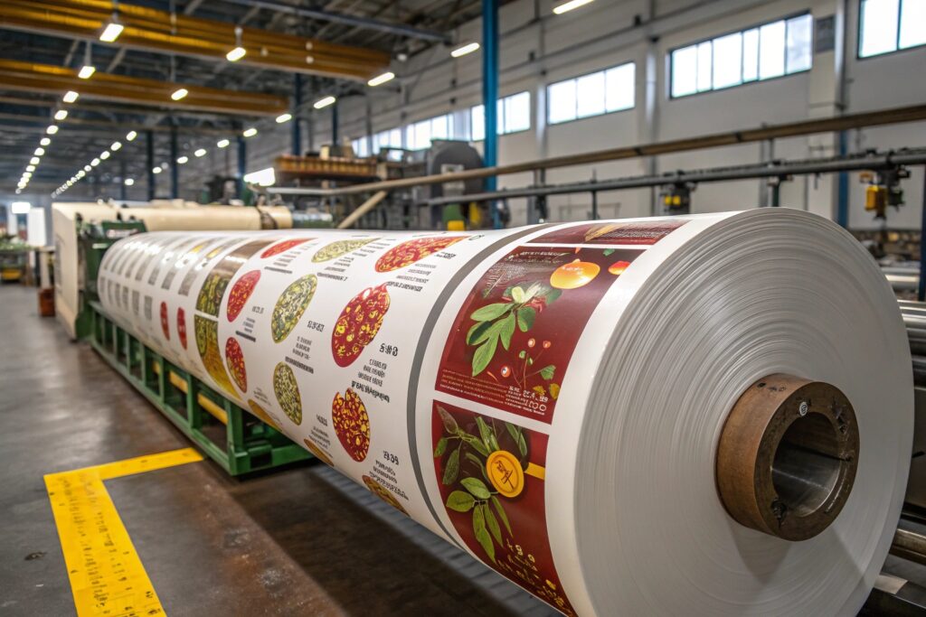 Large printed packaging film roll with colorful coffee-themed designs inside a modern factory.
