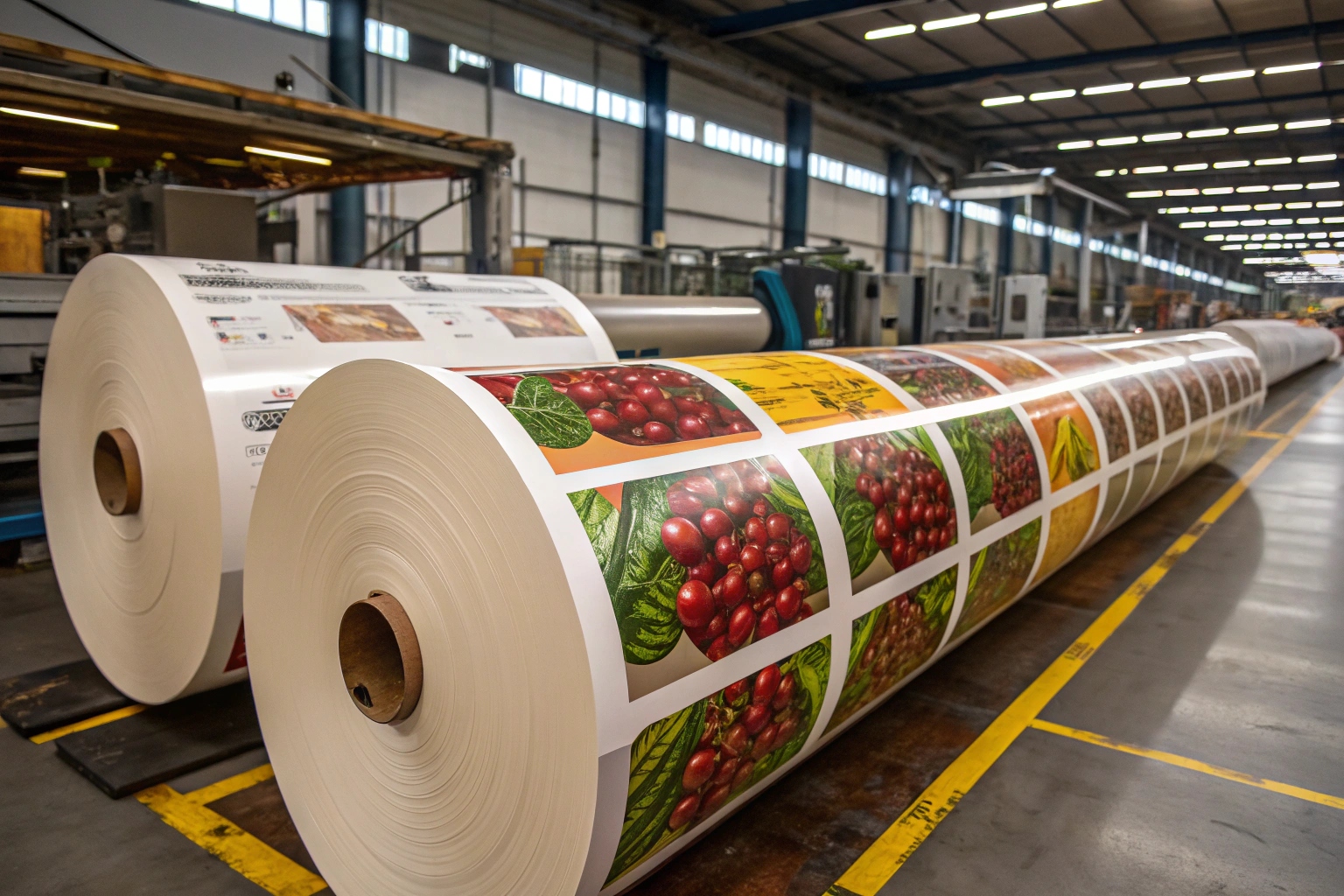Large rolls of printed laminated film with colorful coffee cherry images inside a packaging production facility.