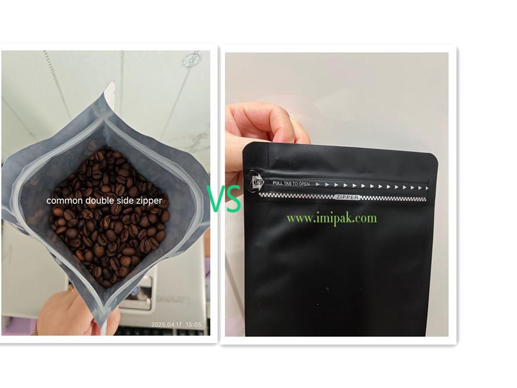 Comparison between common double side zipper pouch and upgraded pull-tab zipper pouch with coffee beans.