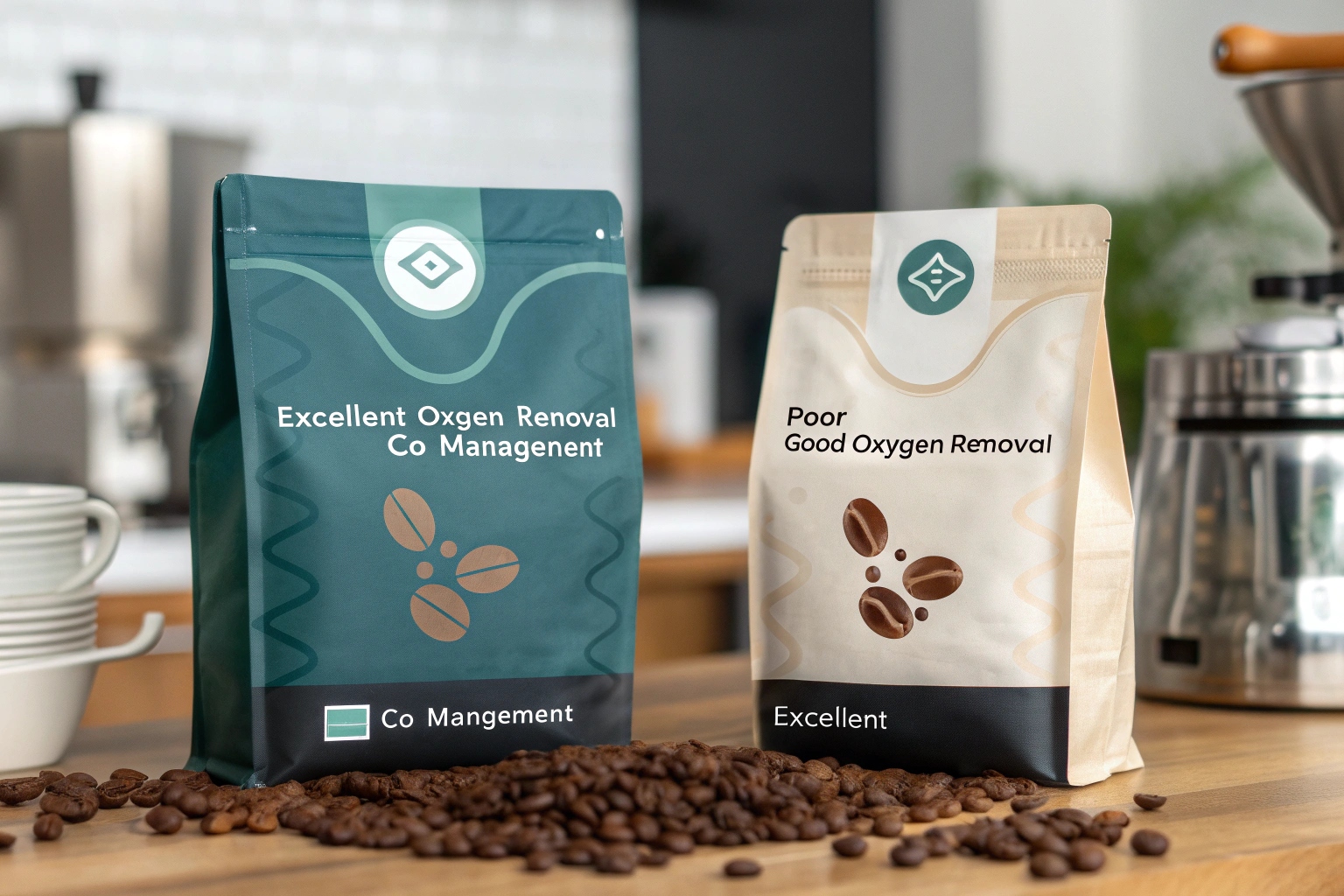 Two coffee pouches comparing oxygen removal quality, with spilled coffee beans on wooden table in a cafe setting.