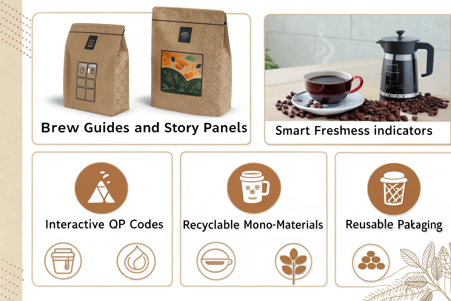 Coffee packaging features including smart freshness indicators, QR codes, and recyclable materials.