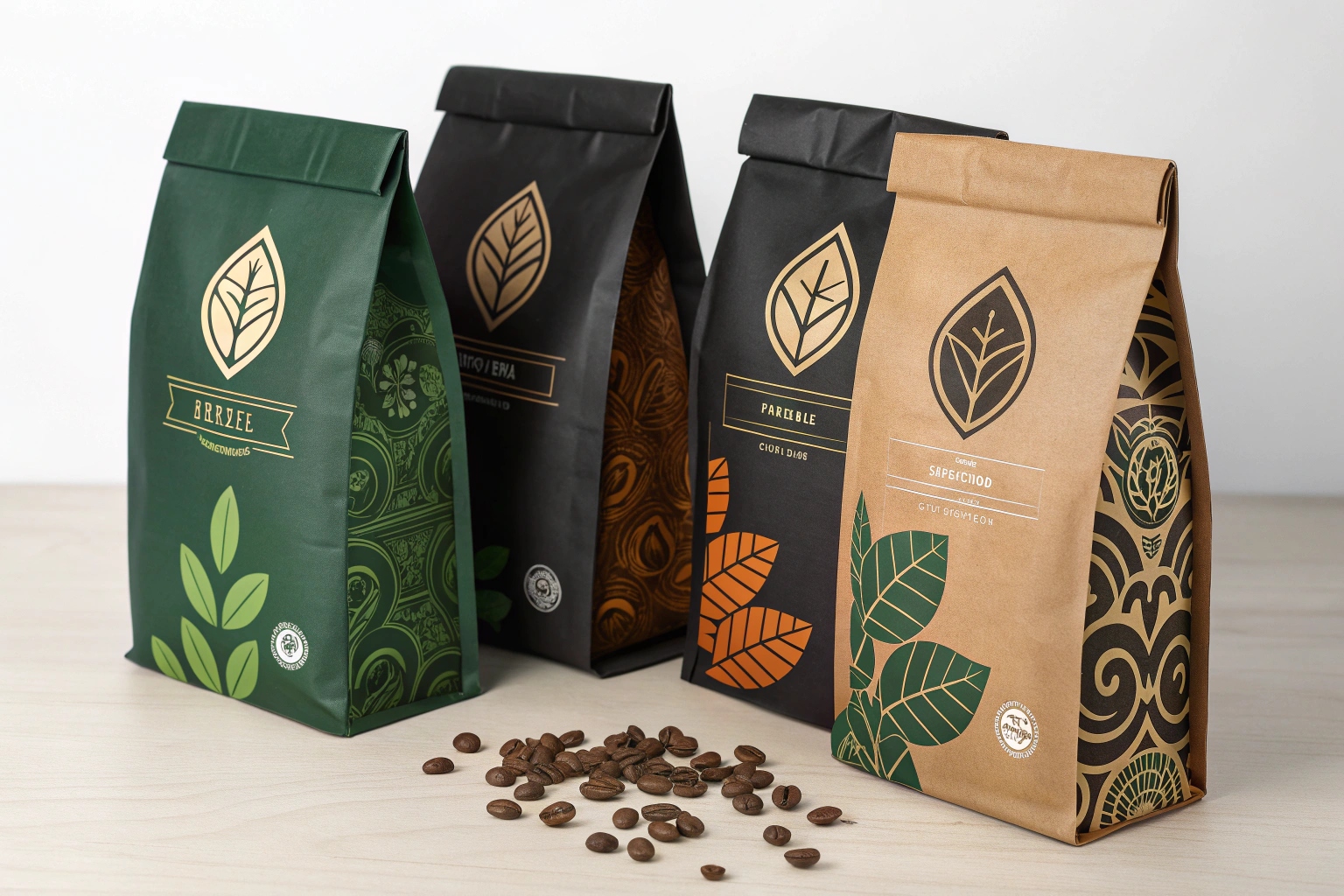Four stylish coffee packaging bags in green, black, and kraft designs with leaf graphics and scattered coffee beans.