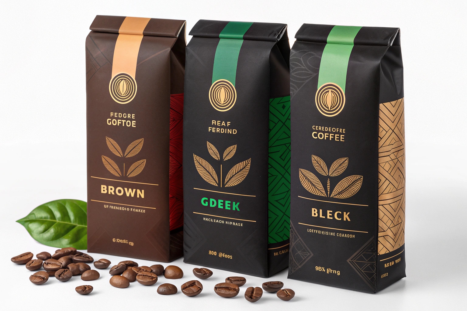 Three premium coffee packaging bags in brown, green, and black designs with gold leaf illustrations and coffee beans.