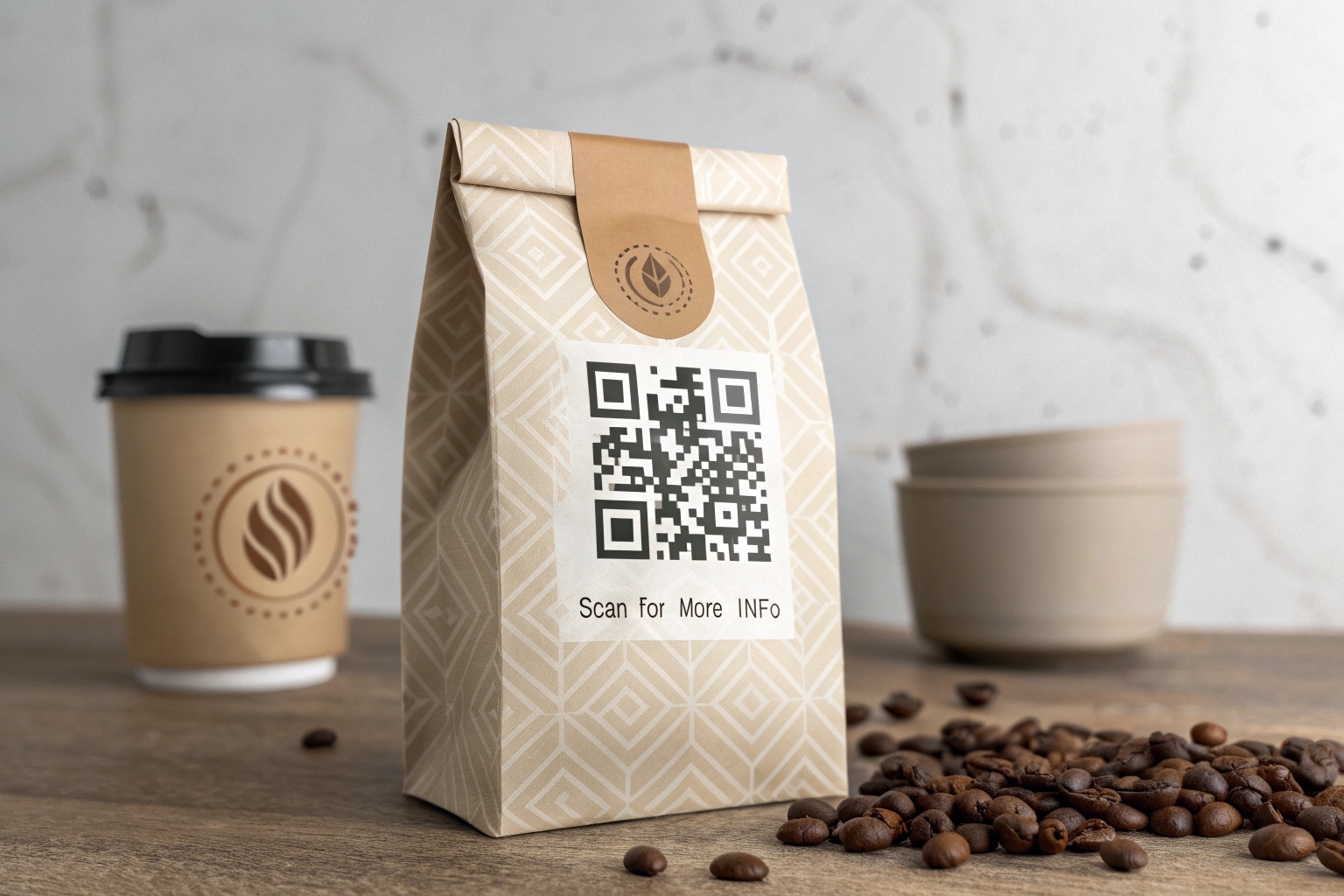 Kraft paper coffee bag with QR code and coffee beans on wooden table.