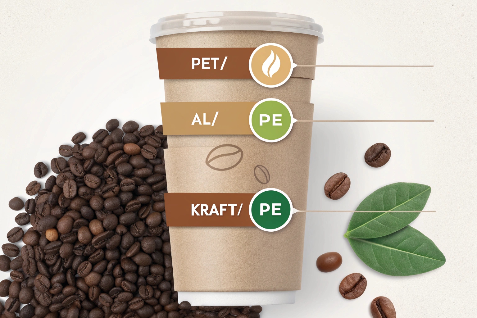 Coffee cup showing PET, AL, and Kraft paper material layers with coffee beans and green leaves.
