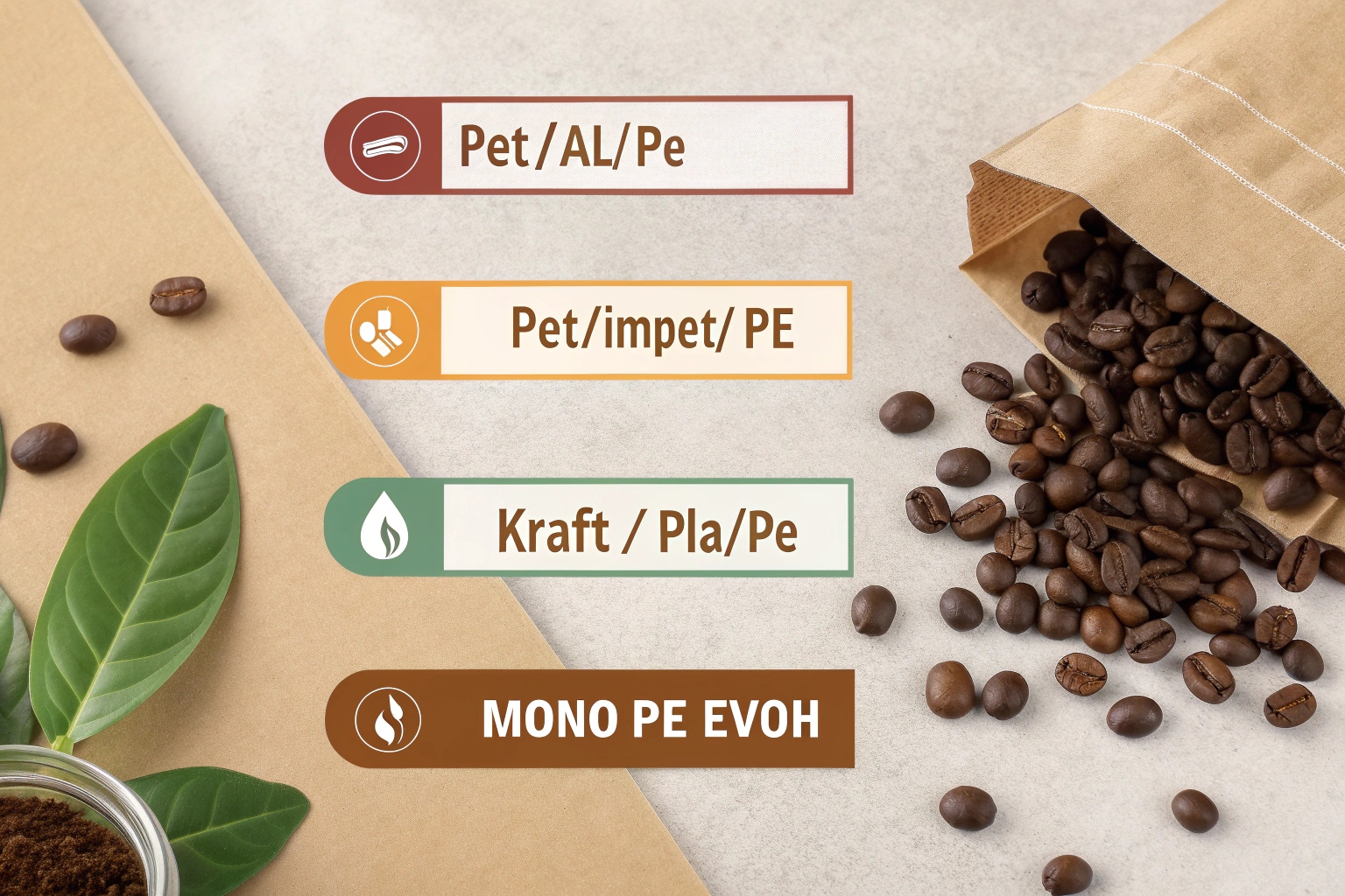 Coffee beans with kraft pouch and infographic showing four packaging material options: Pet/AL/Pe, Pet/impet/PE, Kraft/Pla/Pe, MONO PE EVOH.