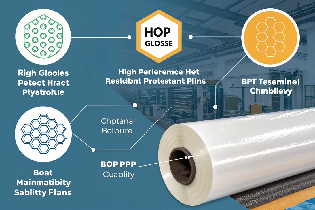 Infographic of BOPP film roll with icons and text highlighting material properties and uses.