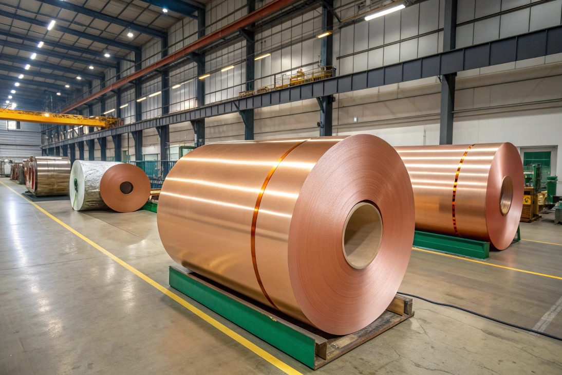Large industrial rolls of metallic laminated film stored inside a modern factory.