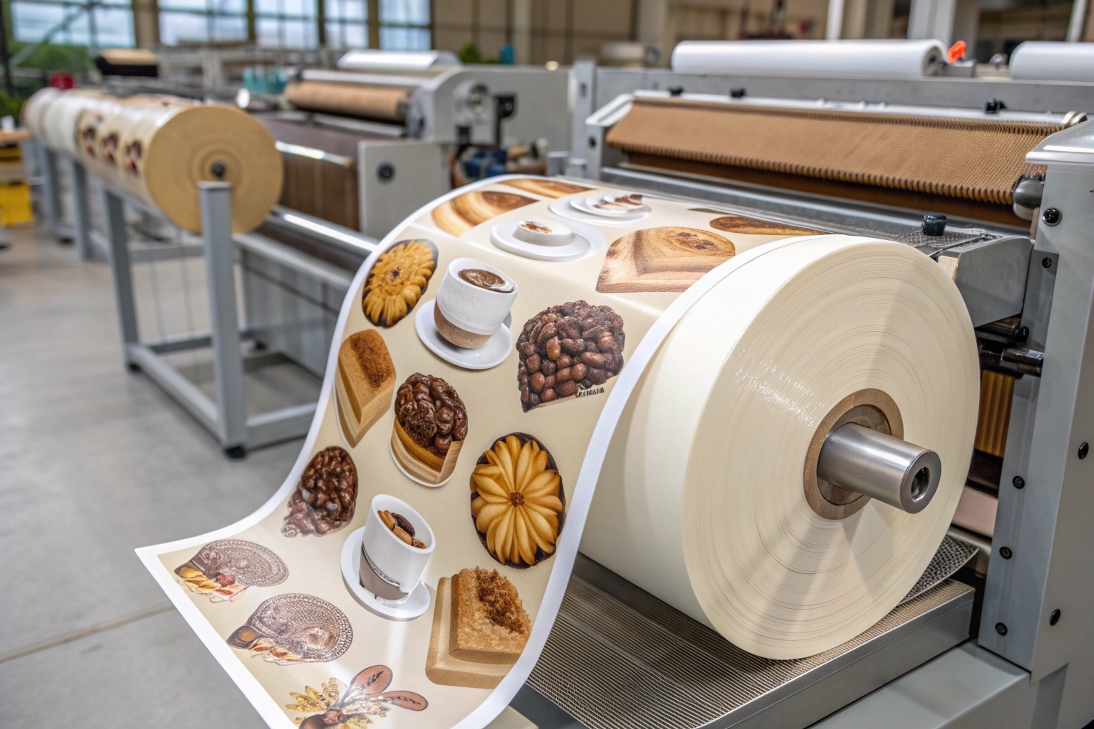 Printed laminated roll with coffee and dessert images running through packaging machine.