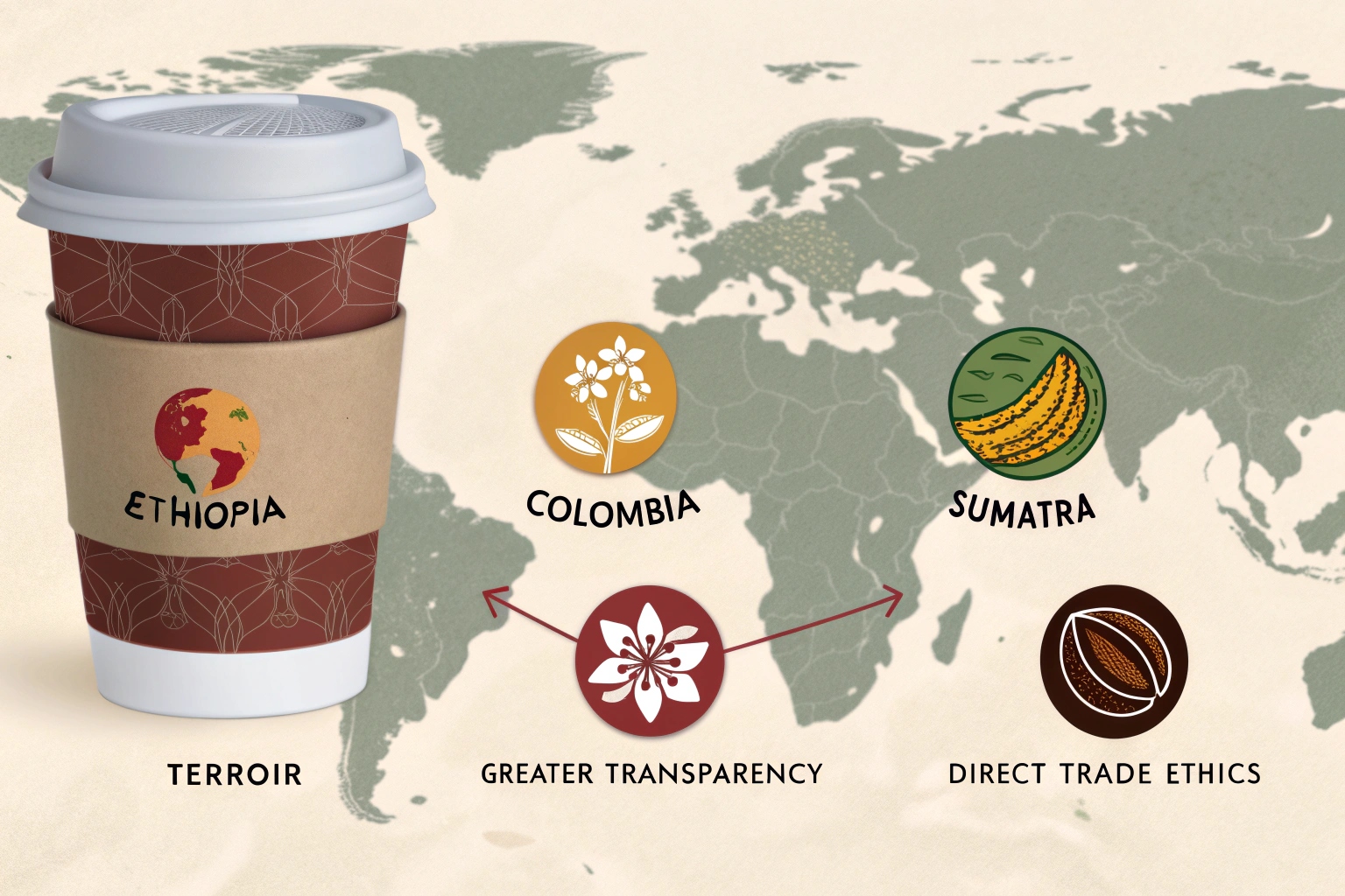 Coffee cup labeled Ethiopia with map showing coffee origins and sourcing benefits.