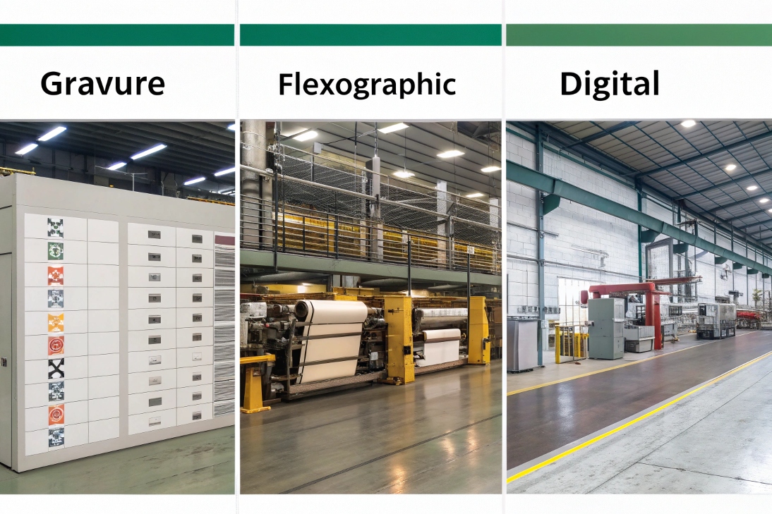 Side-by-side images of gravure, flexographic, and digital printing machines in factories.