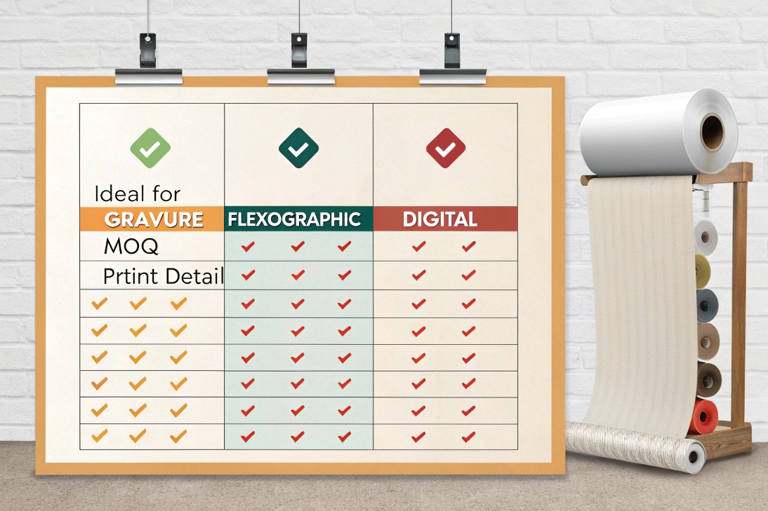 Comparison chart of gravure, flexographic, and digital printing methods for packaging.