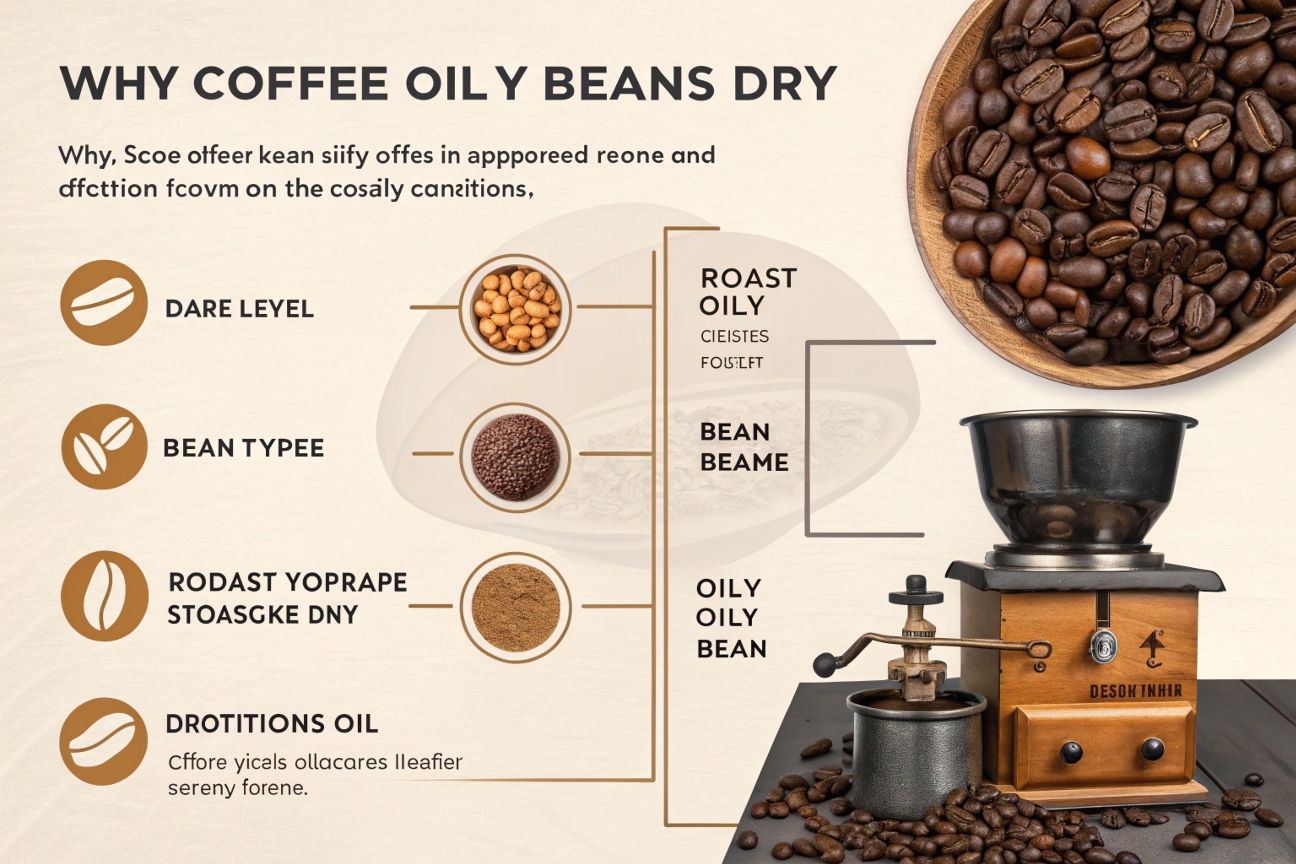 Coffee infographic with grinder showing oily vs dry beans and roast factors.