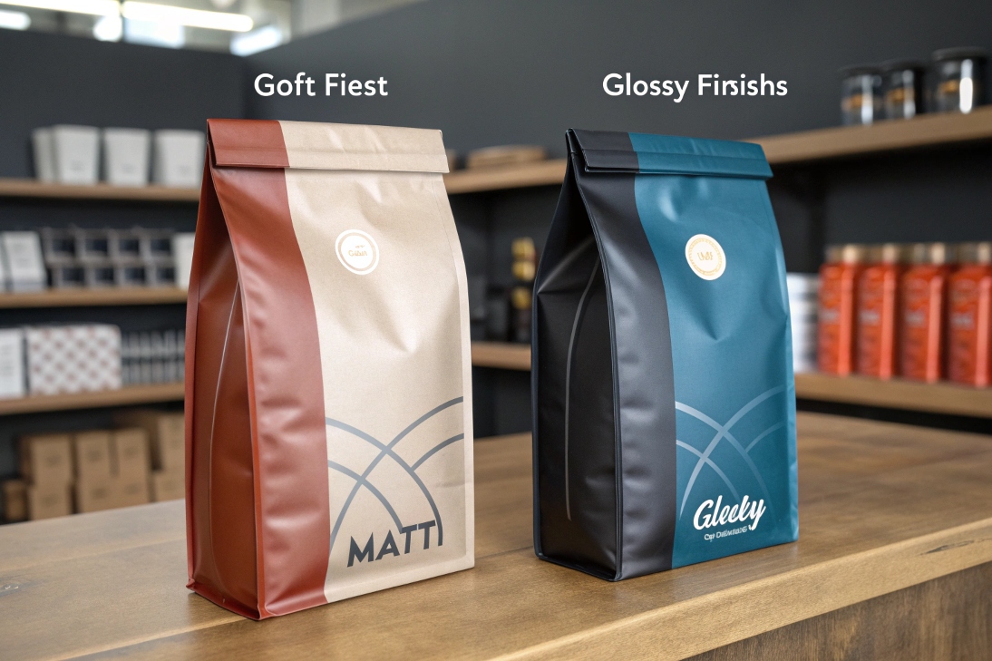Coffee packaging bags on counter showing matte and glossy finish comparison.