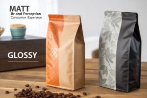 Coffee packaging bags on table showing glossy and matte finish design differences.