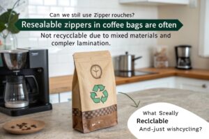 Eco-friendly coffee pouch with zipper in kitchen, highlighting recyclability concerns.