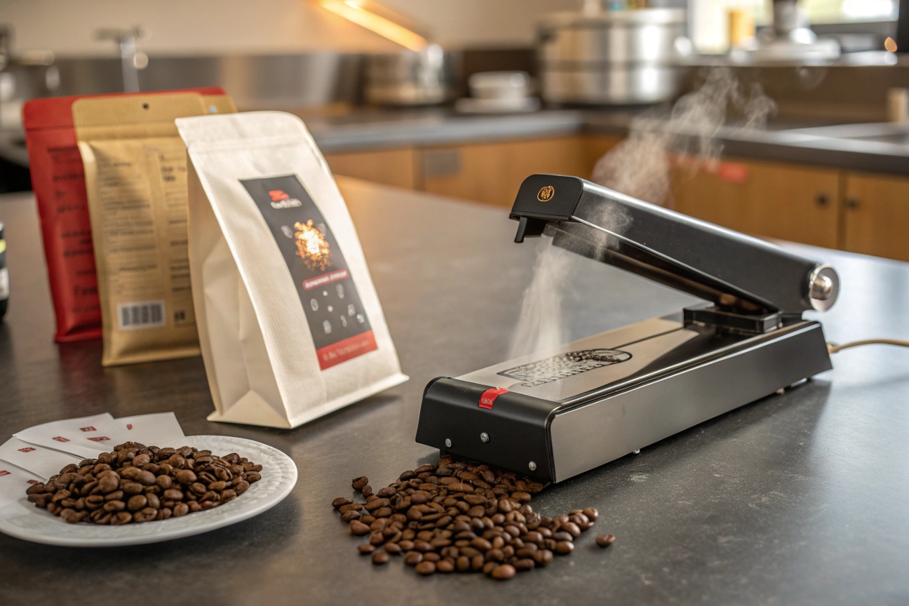 Coffee beans being heat sealed into custom printed stand-up pouches