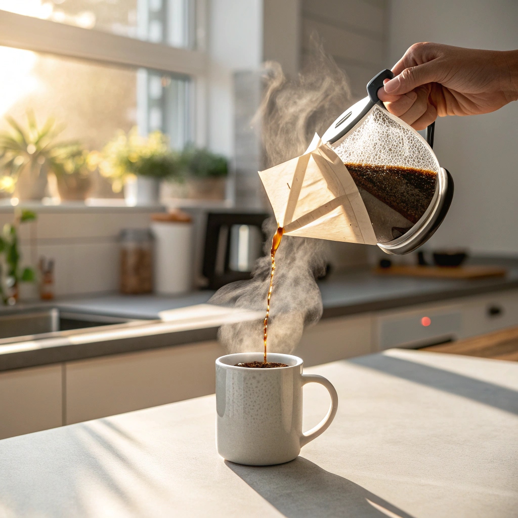 Freshly brewed coffee pouring into white mug in sunlit kitchen