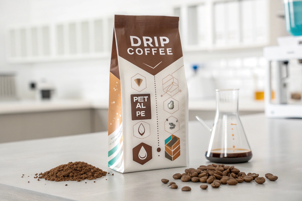 Drip coffee pouch with PET AL PE layers on counter