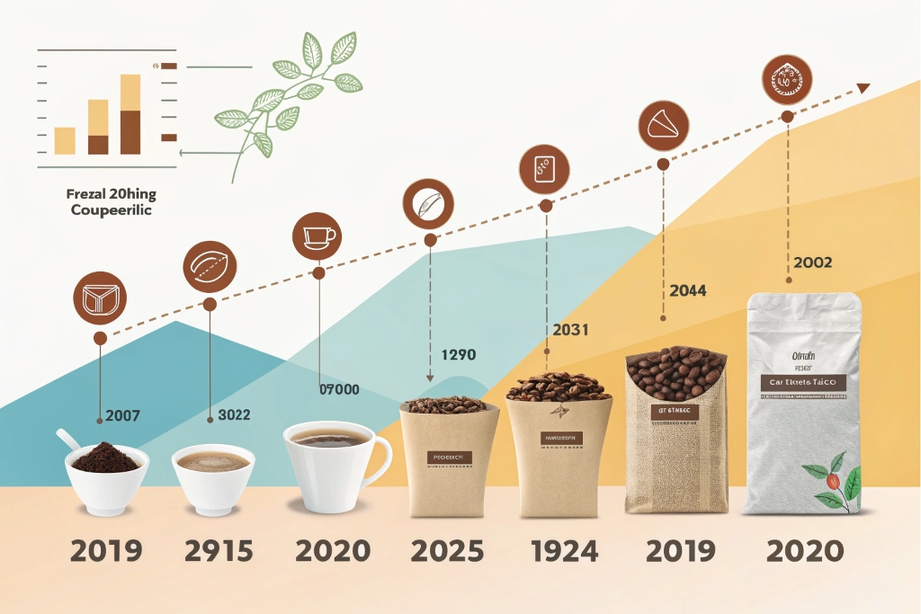 Coffee packaging and consumption timeline with icons and pouch evolution