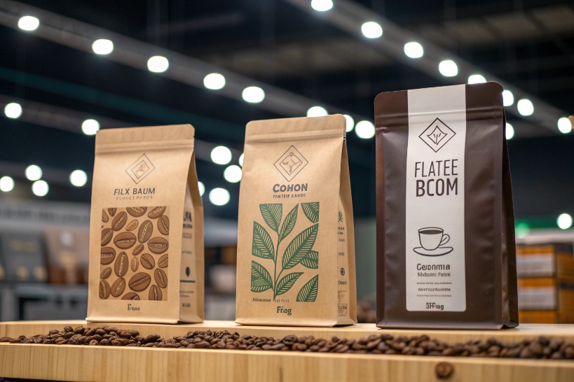 Three printed coffee pouches displayed on table with roasted beans