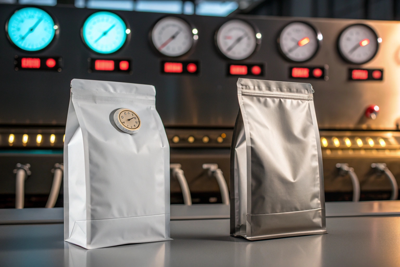 Silver coffee pouches with degassing valve in industrial packaging facility
